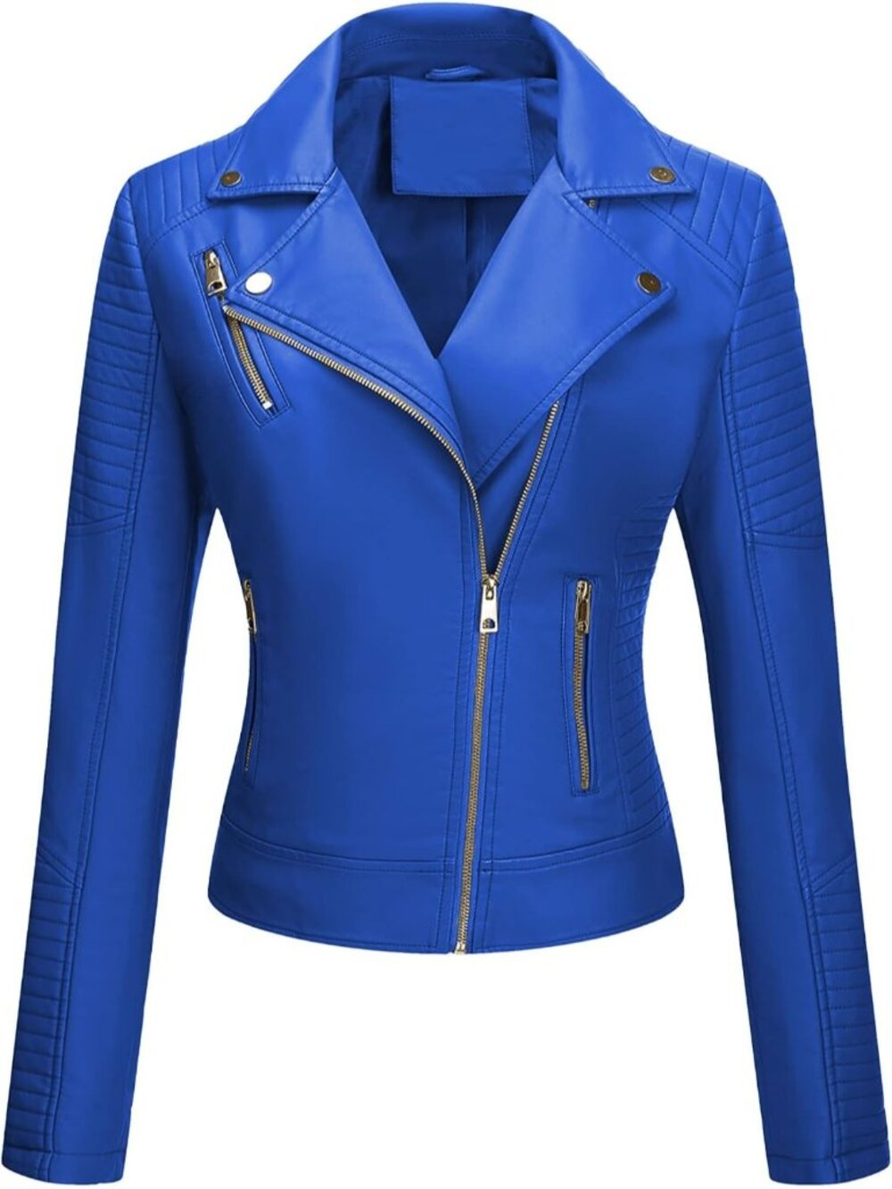 Women's Blue Faux Leather Casual Moto Biker Lightweight Jacket Slim Fit Coat